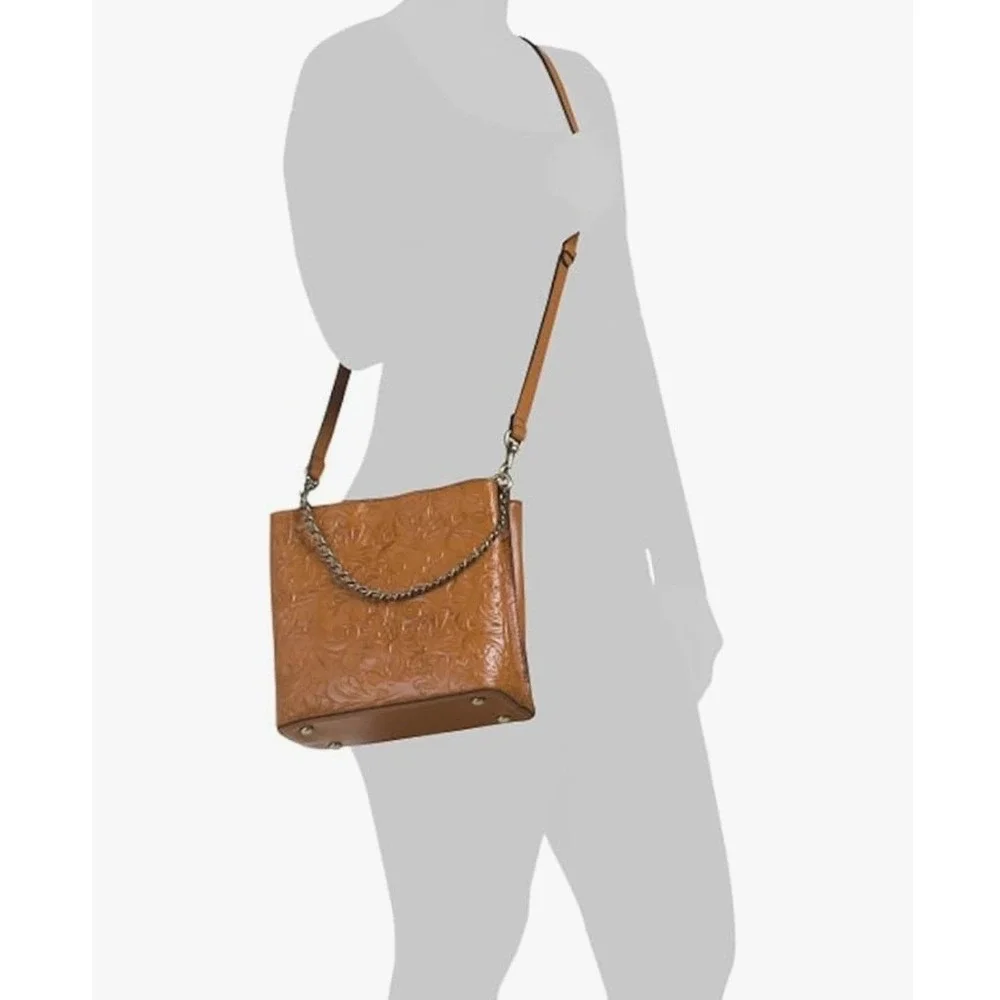 Patricia Nash Tan Tooled Leather Floral Crossbody Bag with Chain Handle